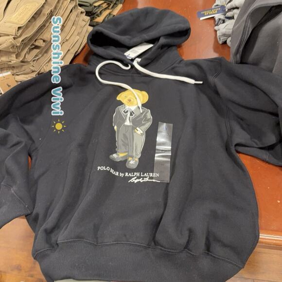 NWT Ralph Lauren Long Sleeve Women Polo Bear Fleece hoddie Pebble Black xs